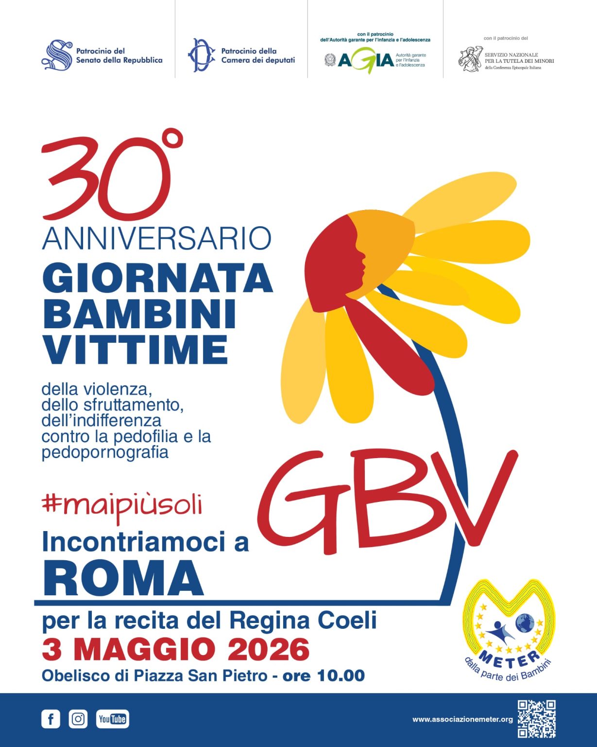 Locandina 30° anniversario Giornata Bambini Vittime - Associazione Meter ETS - 3 maggio 2026